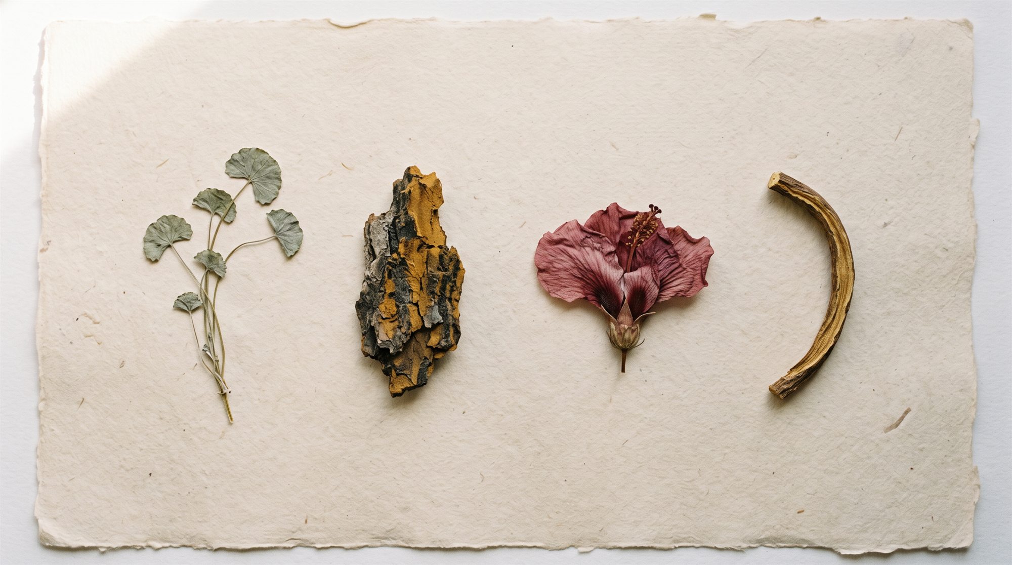 Lámina de herbario con centella, corteza de pino, hibisco y regaliz