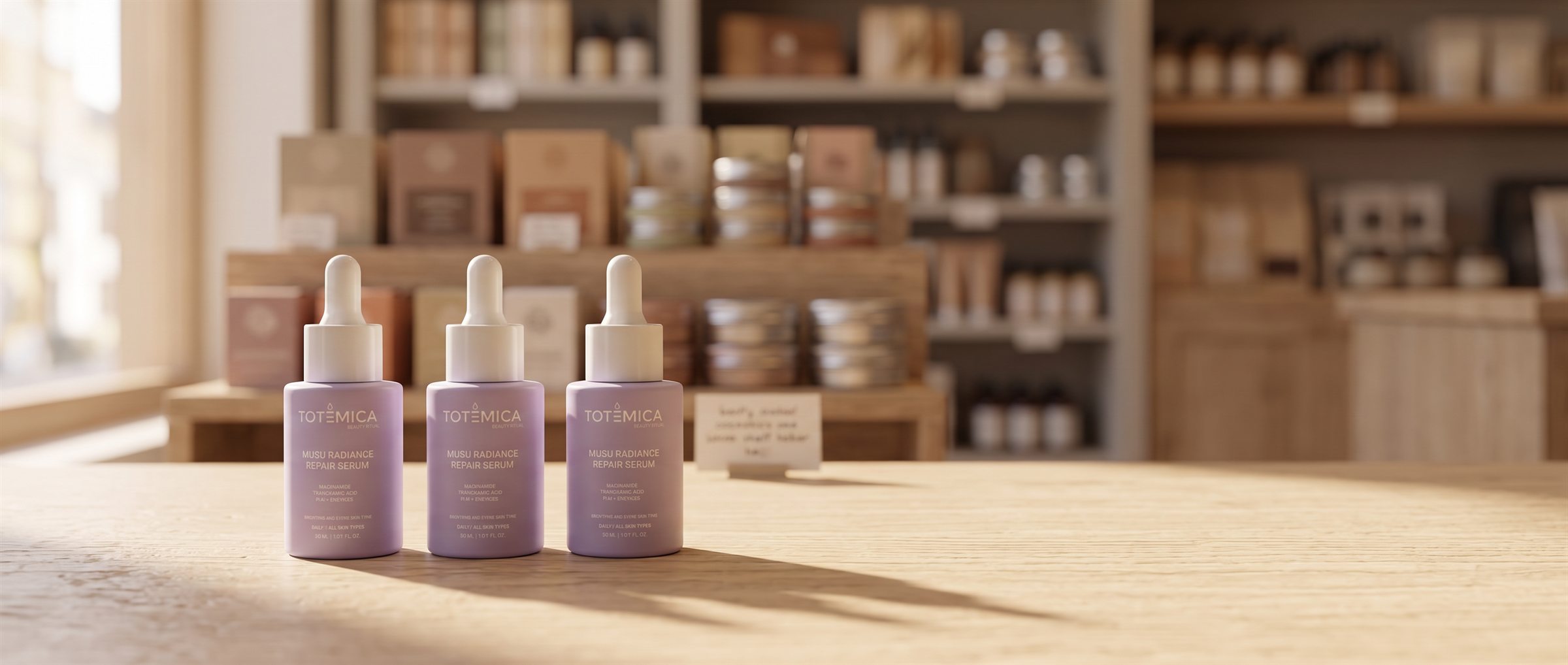 Sérums Totemica sobre el mostrador de una tienda de belleza